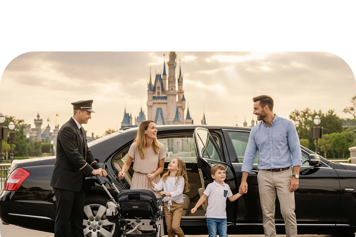 Luxury SUV transportation service at Magic Kingdom entrance with Cinderella Castle