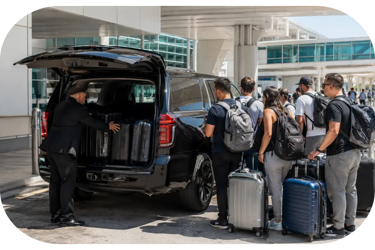 Private airport transfer Orlando for large groups — chauffeur loading luggage into SUV at MCO Airport curbside