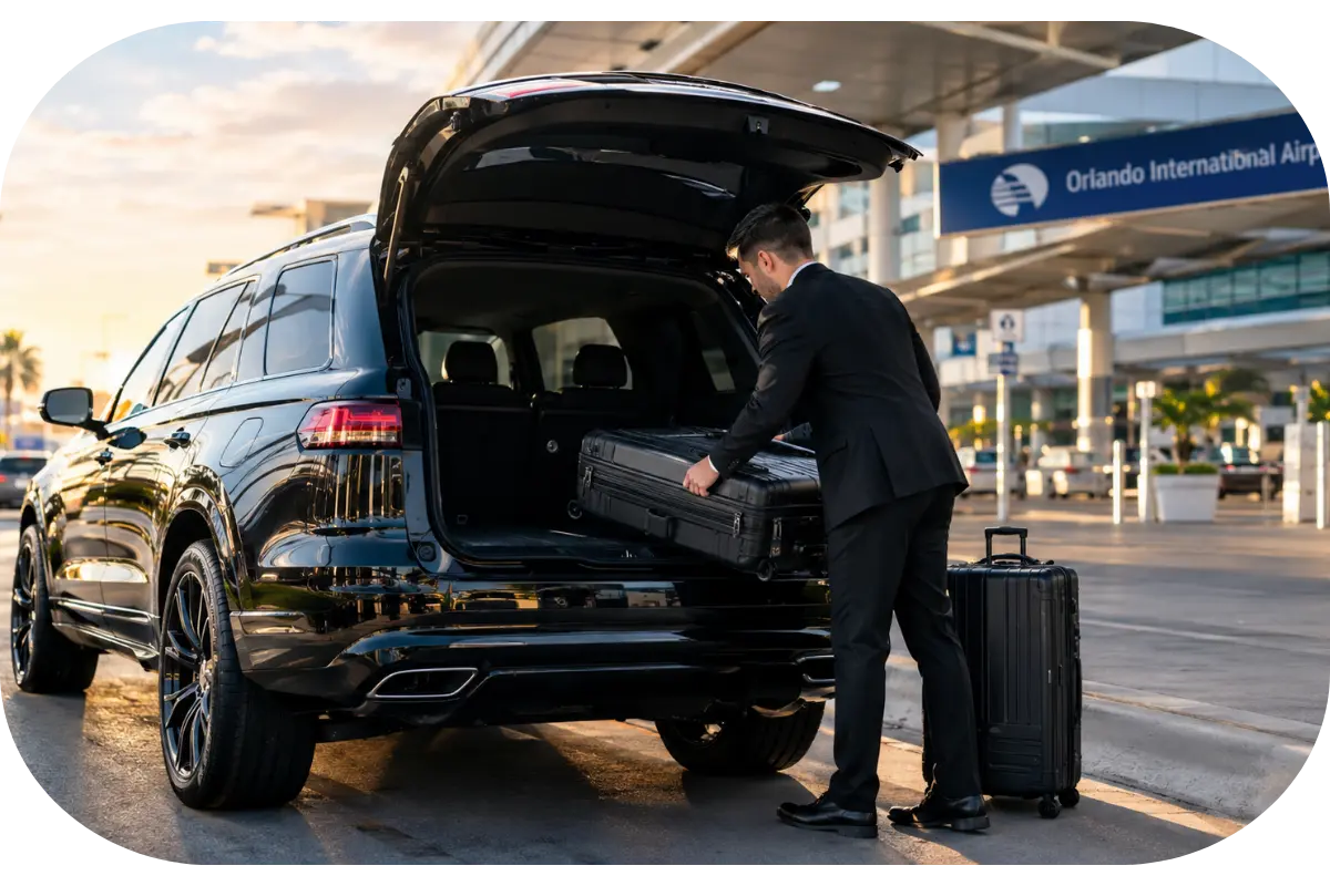 Chauffeur loading luggage into a Superb Trans SUV outside Orlando International Airport for a Port Canaveral cruise transfer